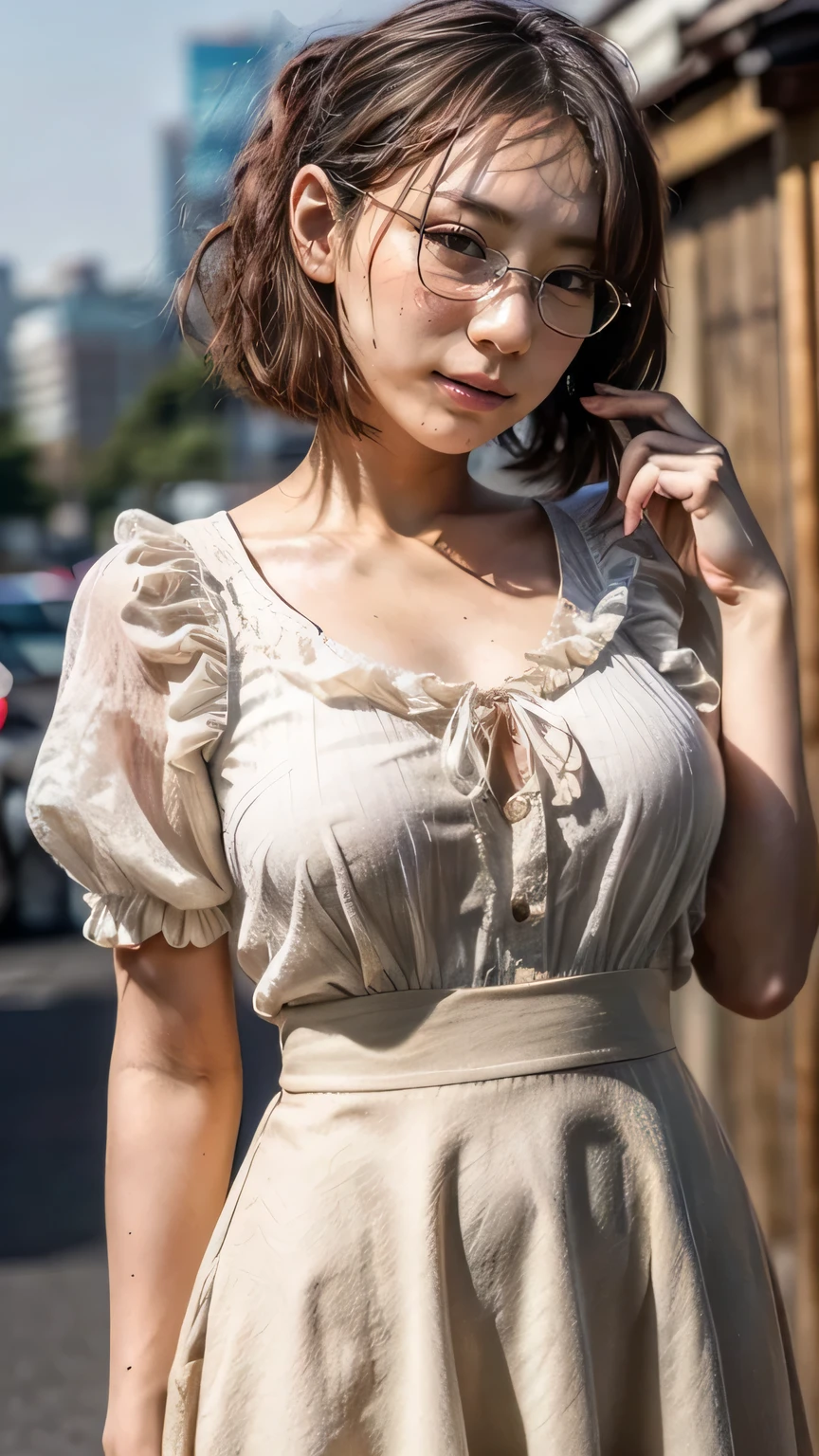 (Facing the viewer Japanese woman:1.4、Women with stern expressions on their faces are arguing、Finger up、Look here)、(Realistic、Like a photograph、Live Action、8k, Realistic, RAW Photos, Best image quality: 1.4), Single-lens reflex camera、RAW Photos, Highest quality, Realistic, Very detailed CG Unity 8k wallpaper, Written boundary depth, Cinematic Light, Lens flare, Ray Tracing, Realistic background、(Wear glasses:1.4、Blouses with ruffles、Tight long skirt:1.3、mermaidskirt:1.2、Small breasts)、((ultra high density skin))、 Cute Japanese Woman、((whole body:1.5)，short hair:1.2、Short Ponytail、tie your hair with a hair clip、I like that style、stylish、Very detailed、Pay attention to the details、Perfect outfit、(Sunburned skin)、Side view