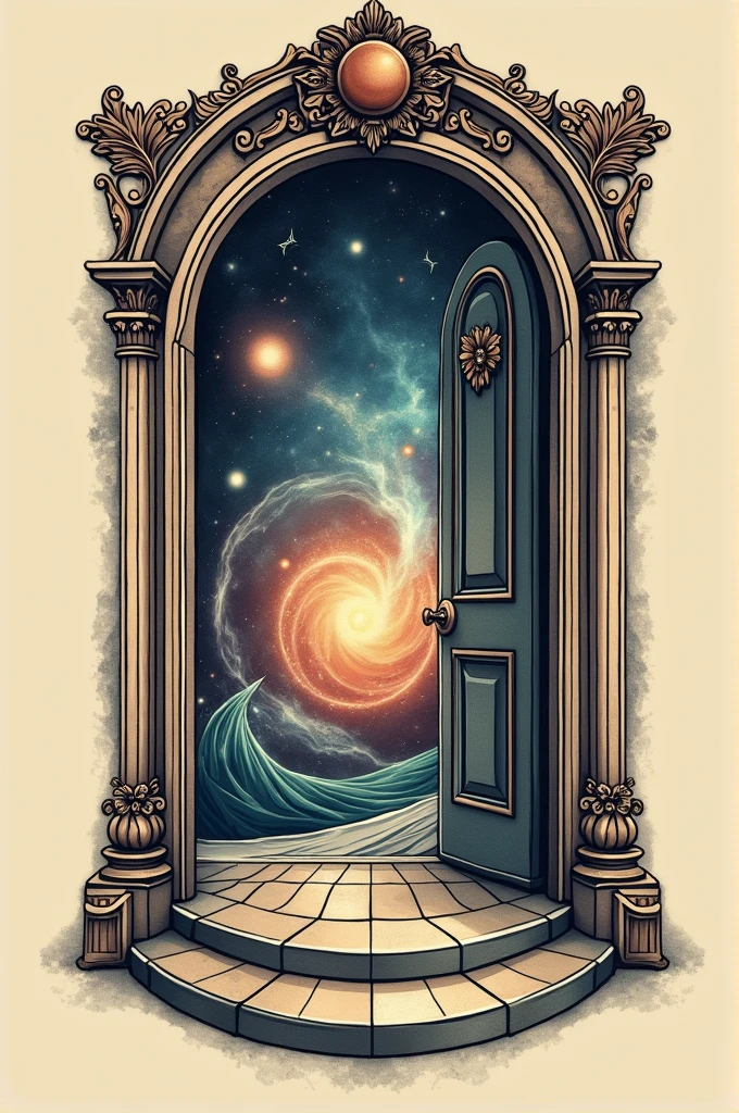 A tradicional vintage tattoo that is a open door filled by the universe