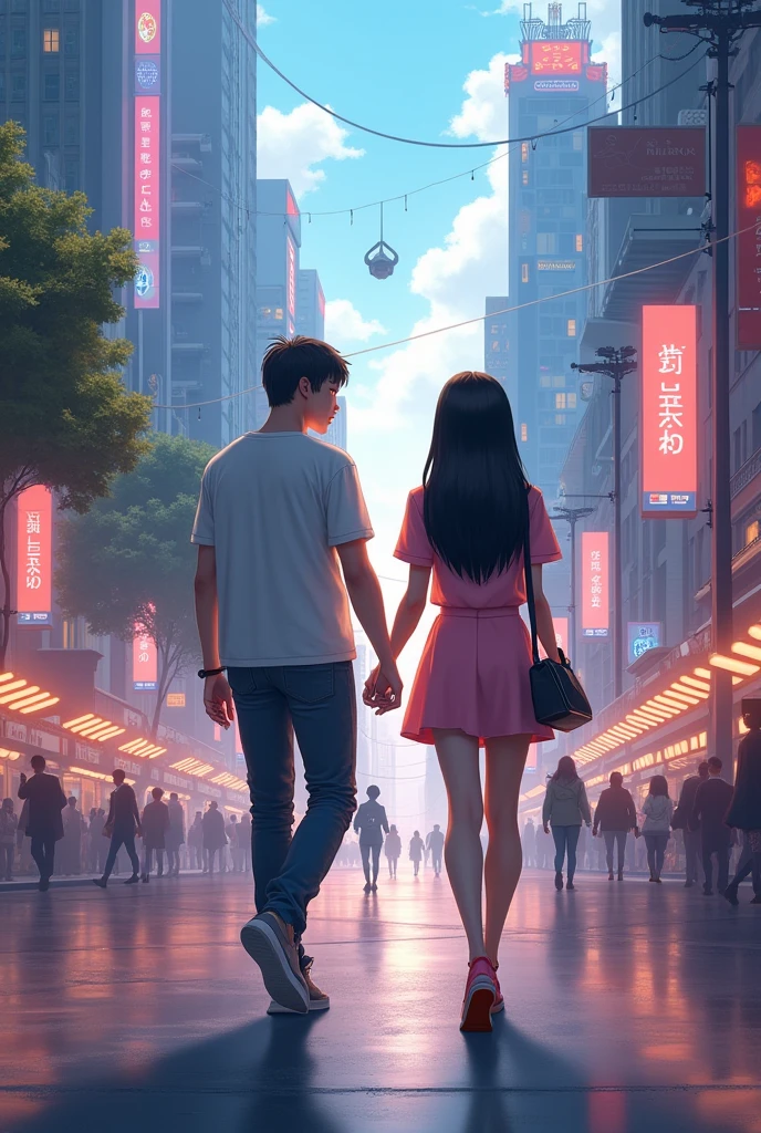 Me and my robot girlfriend with straight black hair in a city 