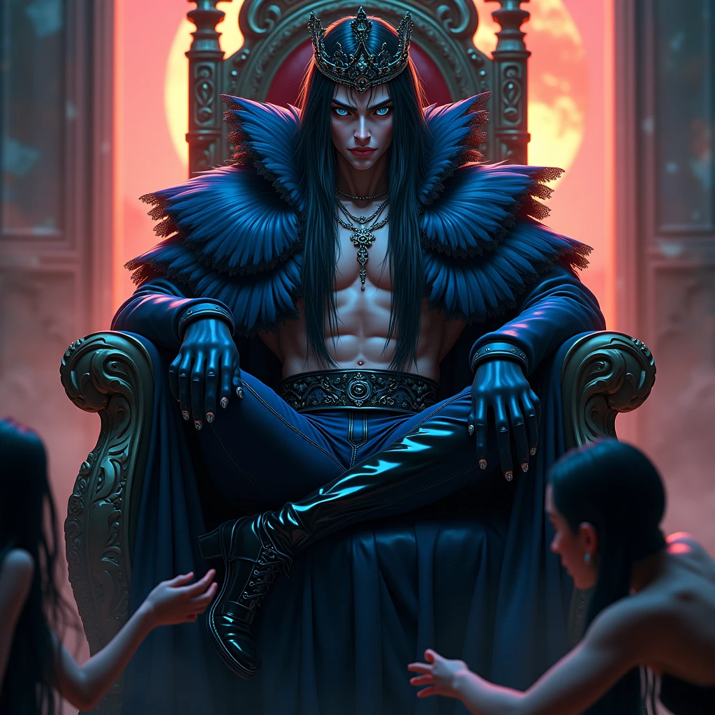 I want a realistic photo featuring a handsome, muscular man with blue skin, tattoos, and gold necklaces. The man has the head of a snake and is sitting on a throne. Around him, there are skulls, and lying on the ground are defeated hero characters, including a gorilla, panda, and raccoon. The character sitting on the throne is holding an otter. Next to the throne, there's a gold-plated AK-47, and he has a cigar in his mouth. On the other side of the throne, a beautiful blonde Italian woman with fair skin is hugging him from behind.