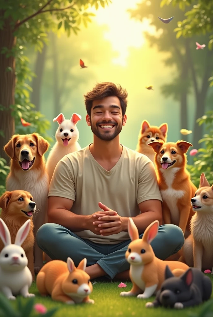 A happy-looking man surrounded by numerous friendly animals in a peaceful, natural setting. The man is sitting or standing calmly, with a serene expression on his face. Various animals such as dogs, cats, rabbits, birds, and other small critters are gathered around him, creating a harmonious and joyful atmosphere. The scene has a warm, vibrant color palette and soft, diffused lighting that enhances the tranquil mood. Everything appears well-composed, with the man as