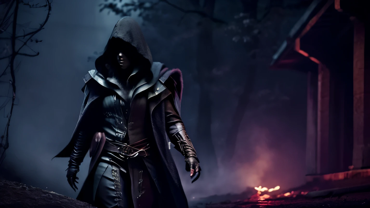 Create a very dark image in a nighttime setting, transforming the person into a Night Stalker. The character should wear a hood similar to the hero from the Arrow series or a character from Assassin's Creed, with their eyes clearly visible and glowing slightly. The overall tone should be mysterious and shadowy, fitting for a character called 'The Twilight Stalker'.