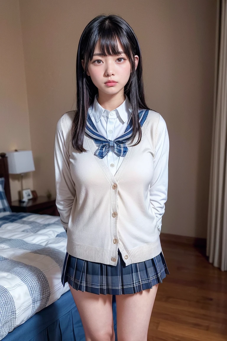 Schoolgirl photo,（high-school uniform_outfit）,Good Hand,4K,hight resolution,masutepiece,Best Quality,Head:1.3,((Hasselblad photo)),Fine skin,Sharp Focus,(Cinematic lighting),Night,Soft lighting,Dynamic Angle,[:(Detailed face:1.2):0.2],Large breasts、17 age、Smile,Sitting on the bed、(((in bed room))),Beautiful Japan