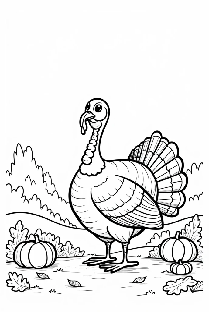 non-coloured, coloring pages for adults, an image of a proud turkey strutting through a picturesque landscape, surrounded by leaves and a few pumpkins, cartoon style, thick lines, low detail, black and white, no shading,