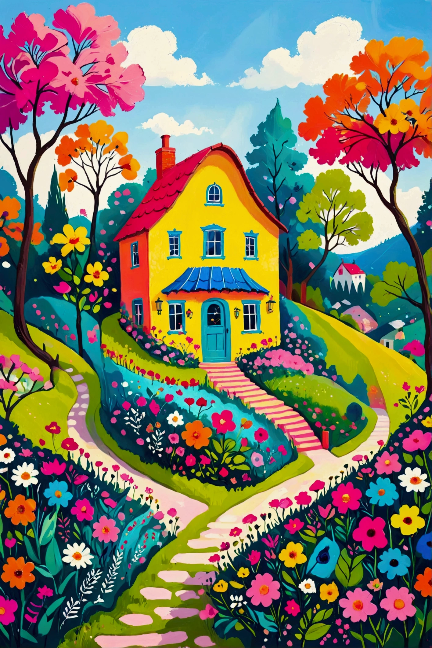 painting of a house in a colorful garden with trees and flowers, full of colour w 1024, whimsical art, flowery cottage, full of colour 8-w 1024, bright and colourful, vibrant painting, jane newland, house in the wood, house on a hill, colorful house, sunlight and whimsical houses, full of colour