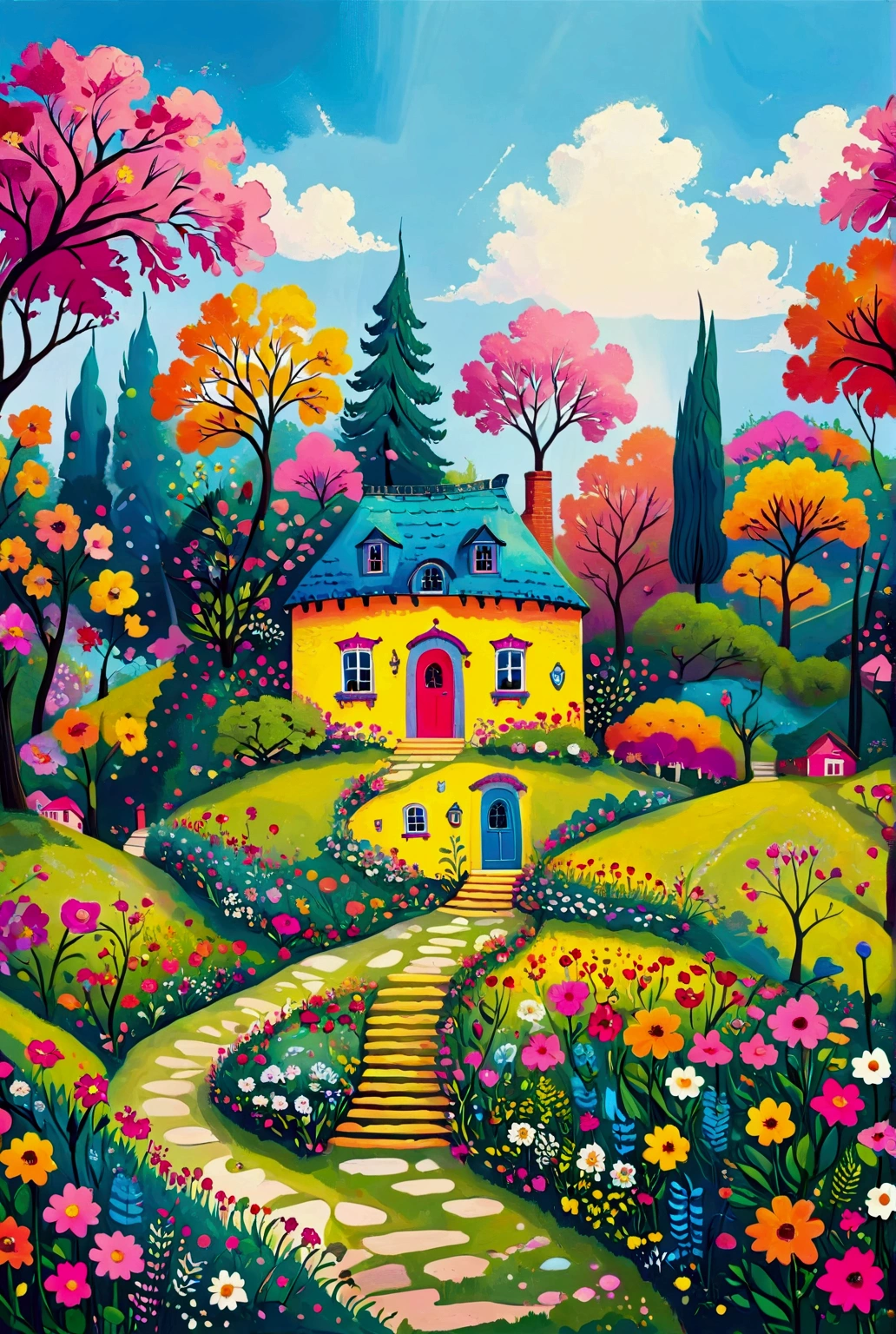 painting of a house in a colorful garden with trees and flowers, full of colour w 1024, whimsical art, flowery cottage, full of colour 8-w 1024, bright and colourful, vibrant painting, jane newland, house in the wood, house on a hill, colorful house, sunlight and whimsical houses, full of colour