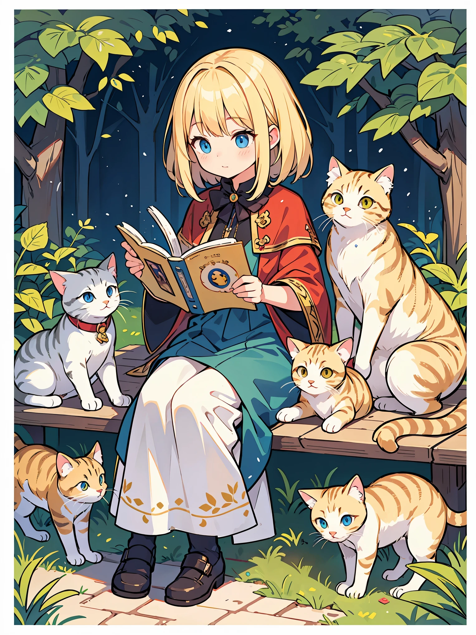 Blonde hair girl, beautiful eyes, reading a story book for cats, lots of cats gathering around her, fine detail, high detail, super resolution, high quality
