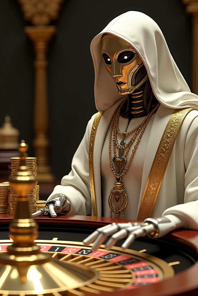 Create a robot biting money and dressed as a Sheik playing at the casino