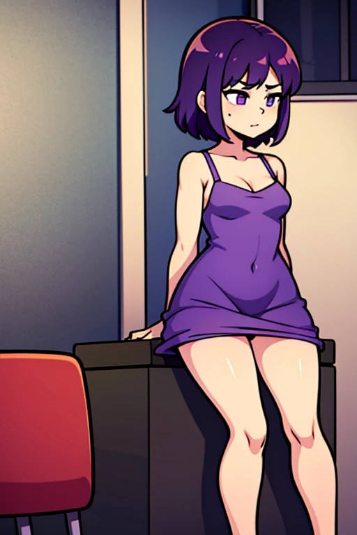young girl, 25 years old, small breasts, short dress, purple dress, black hair, 4k, red hair
