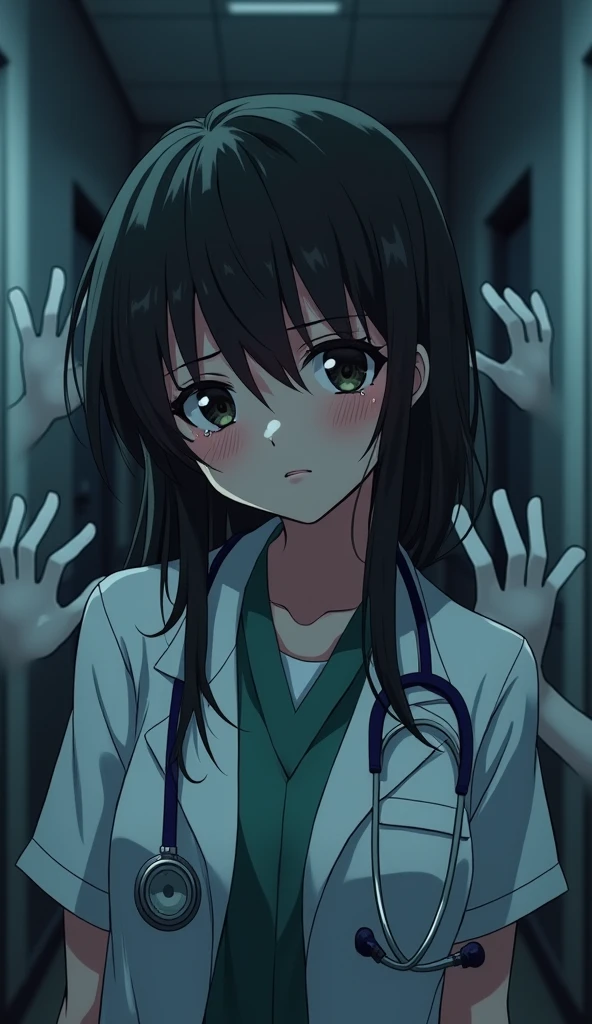 "Create a close-up anime-style image of a 24-year-old girl in a dimly lit hospital corridor. The scene captures her from the shoulders up, emphasizing her emotional state. She appears deeply distressed, with tears streaming down her cheeks and faint traces of blood on her face, giving a sense of recent trauma. Her long hair, tangled and disheveled, falls around her shoulders, contrasting sharply with her otherwise pristine doctor’s outfit, which now appears slightly rumpled as if she’s been through a struggle.Her eyes are a deep, unsettling black, reflecting a profound sense of loss and internal conflict. The corridor around her is dimly lit with cold, bluish lighting that casts eerie shadows, heightening the sense of isolation and fear. Ghostly hands, pale and semi-transparent, emerge from the darkness in the background, reaching out towards her. They touch her face with a cold, unsettling touch, their fingers splayed in a way that amplifies her discomfort and terror. The overall red theme of the scene intensifies the emotional and physical anguish, as the hands seem to encroach upon her personal space, symbolizing the haunting aftermath of a violent event and the overwhelming nature of her trauma."