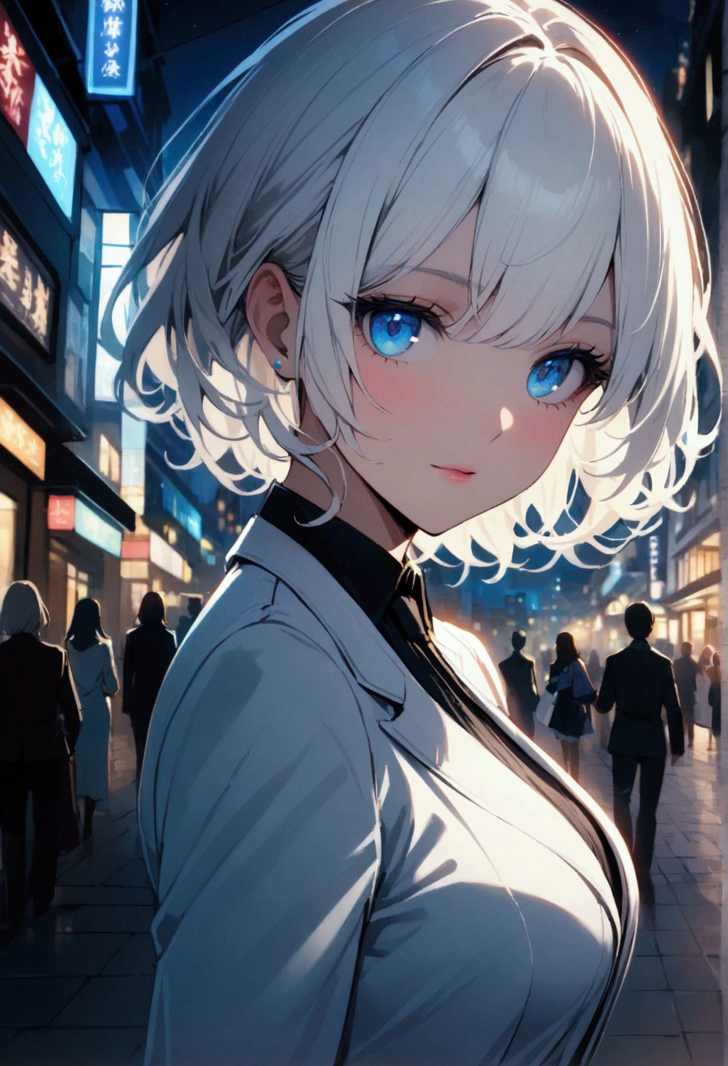 White-haired, blue-eyed woman wearing a white suit in the middle of the city at night
