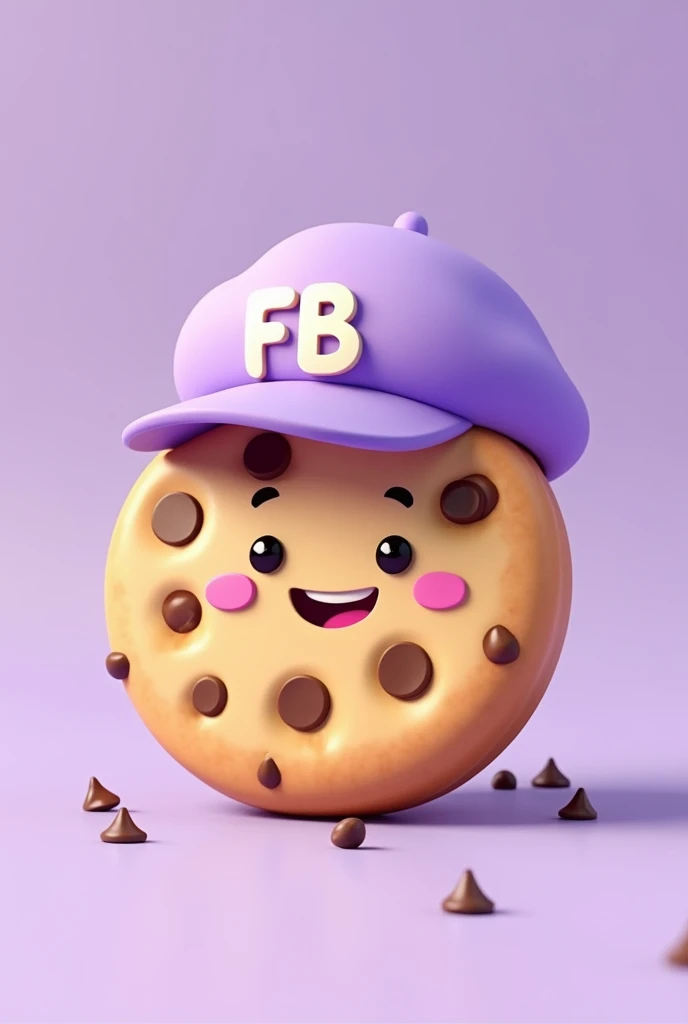 drawing type cookie that is happy, that has chocolate chips, that had a light purple cap and that says FB on the cap and that it is in capital letters and that the background is light purple