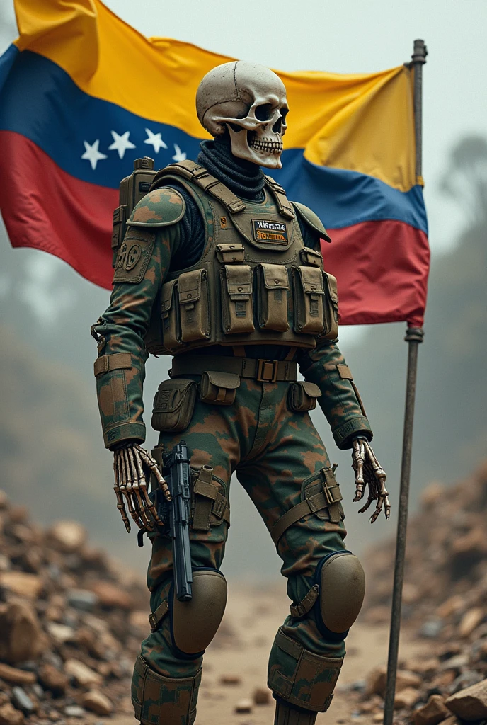 Skeleton wearing tactical military suit with Venezuelan flag in hand