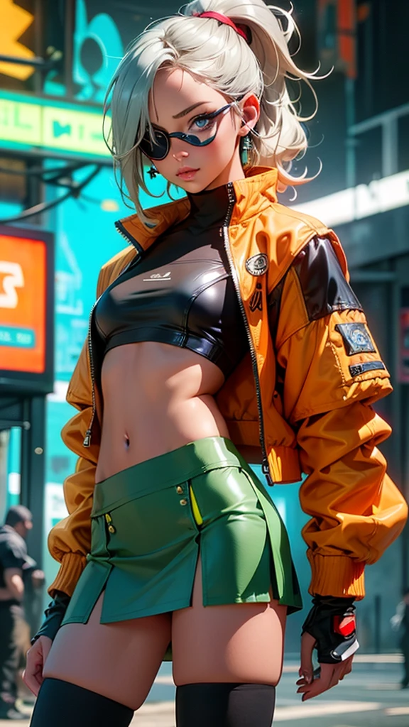 (quality)), ((masterpiece)),Ariana Grande dressed in green cyborg jacket,dance ballet ,(neon green student jacket:1.4), (green transparent miniskirt cyborg schoolgirl:1.4),background ice wall frozen cavern, long white gray hair, the best, masterpiece, high resolution, the best Quality, ultra high definition, super details, Award-winning works, 16k,,(Beautiful blue eyes), (cowboy pose) ,(cyberpunk green transparent jacket:1.4), (Jupiter star wars city background:1.4), (orange jacket+cyborg red:1.4), long red hair, (Perfect anatomy ), (He has a pirate eye patch:1.4) ,(cyber cyborg orange red chaqueta) , (showing flat stomach), (has transparent plastic clothing:1.4) ,(showing lace panties) ,(African black skin:1.4) ,( cyberpunk 2.1), (cabello largo yellow neon:1.4), (yellow cyberpunk Bluetooth headphones on the head:1.4),