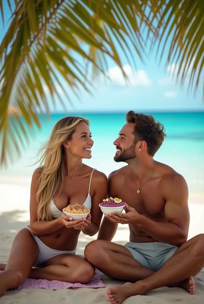 Man and Girlfriend 25 to 35 years old, On the Caribbean beach, blonde hair, brown eyes, eating acai , with friends Ultra HD, high qualiy, best qualityer, high resolution, 8k, 16K