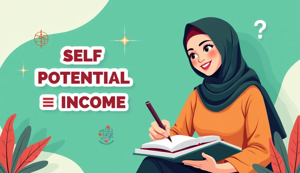 (photorealism modern aesthetic animation
 "Self Potential = Income," with capital letters, thick, and colors that contrast with the background. This makes the main message visible and easy to read..

 Use a picture of a beautiful Muslim woman studying with enthusiasm, and money symbol. Make sure the image is relevant to the theme of skills and earnings..

Choose bright, contrasting colors for the background., like green, blue, or orange,

face image, choose an expression that shows confidence or enthusiasm. An optimistic and confident face can attract the attention of the audience..

 Don&#39;t use too many elements in the thumbnail. 

Focus on just one or two main elements, such as text and images. Make sure the text is easy to read even at small sizes..