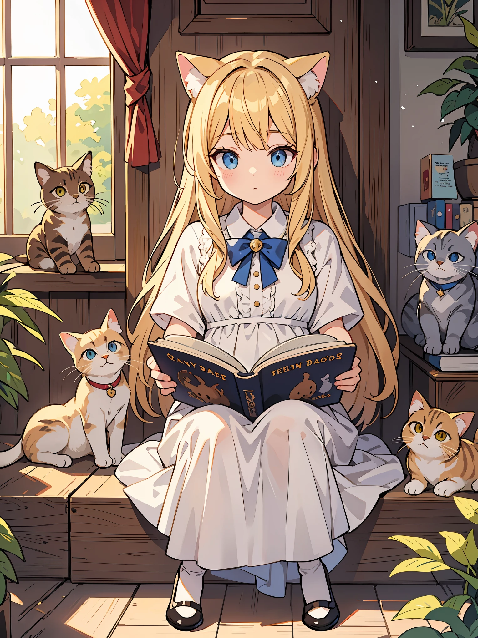 Blonde hair girl, beautiful eyes, reading a story book for cats, lots of cats gathering around her, fine detail, high detail, super resolution, high quality
