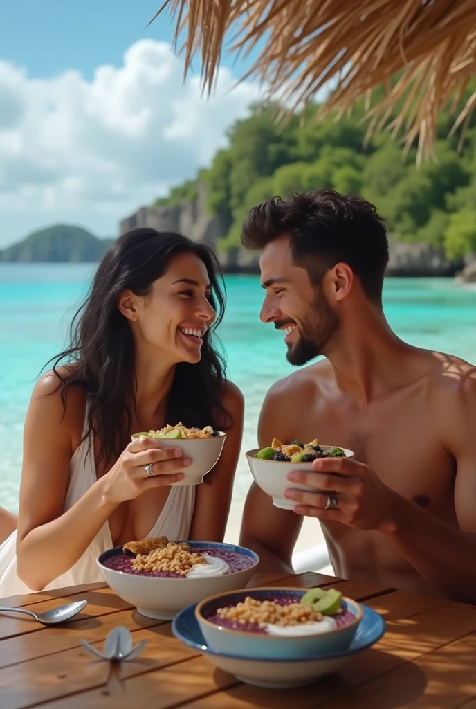 Realistic man and wife 25-35 years old, On the Caribbean boat, black hair, brown eyes, eating açaí , with friends Ultra HD, high qualiy, best qualityer, high resolution, 8k, 16K