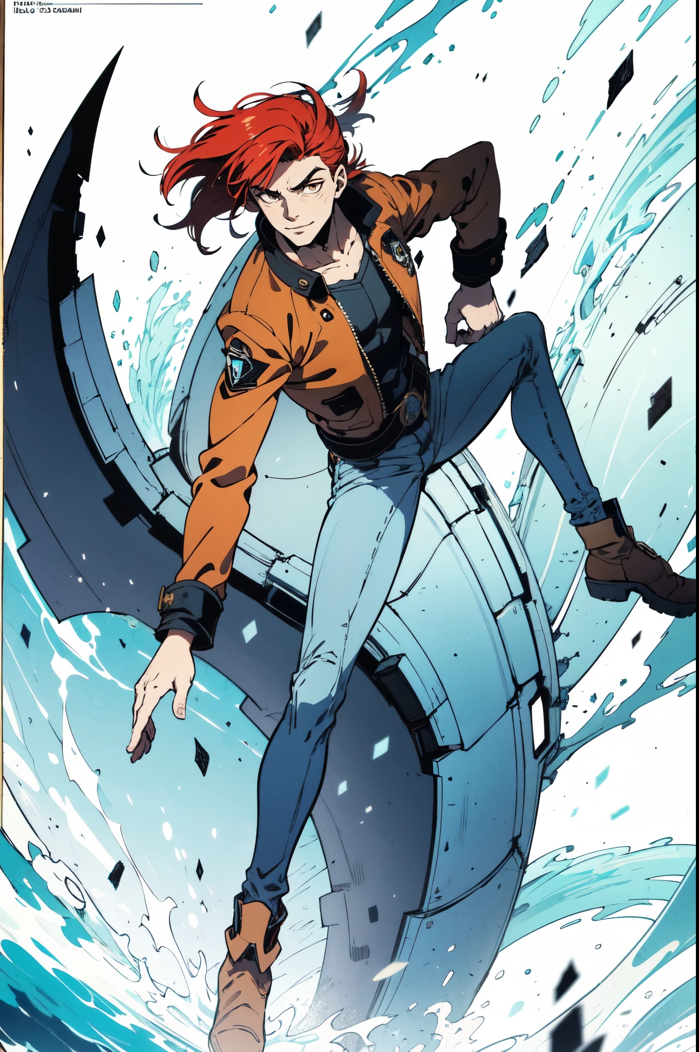 (masterpiece:1.2, best quality:1.2, extremely delicate:1.2), ((male:1.5)), a young man with messy red hair, a leather strap tied around his forehead, a handsome face, bright eyes, a rebellious smile, a slender build, a futuristic fantasy-style black and white leather jacket, dark jeans, hiking boots, he is making an exaggerated leap above the city, this character embodies a finely crafted futuristic fantasy-style rogue in anime style, exquisite and mature manga art style, dramatic, high definition, highres, ultra-detailed, ultra-fine painting, professional, perfect body proportions, golden ratio, anatomically correct, symmetrical face, extremely detailed eyes and face, high quality eyes, creativity, RAW photo, UHD, 32k, Natural light, cinematic lighting, (masterpiece-anatomy-perfect:1.2)