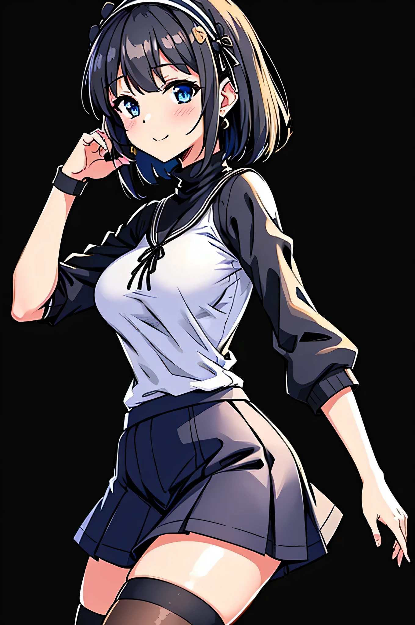 all intricate details, masterpiece, best quality, highres, 1girl, solo, jewelry, skirt, sweater, necklace, black skirt, black hair, short hair, ribbed sweater, socks, turtleneck sweater, turtleneck, white socks, blue eyes, long sleeves, pleated skirt, ribbon, breasts, bow, hair ribbon, hairband, hair bow, bangs, firm breasts, medium breasts, sarashina ruka, cowboy shot, smile, random sexy angle.