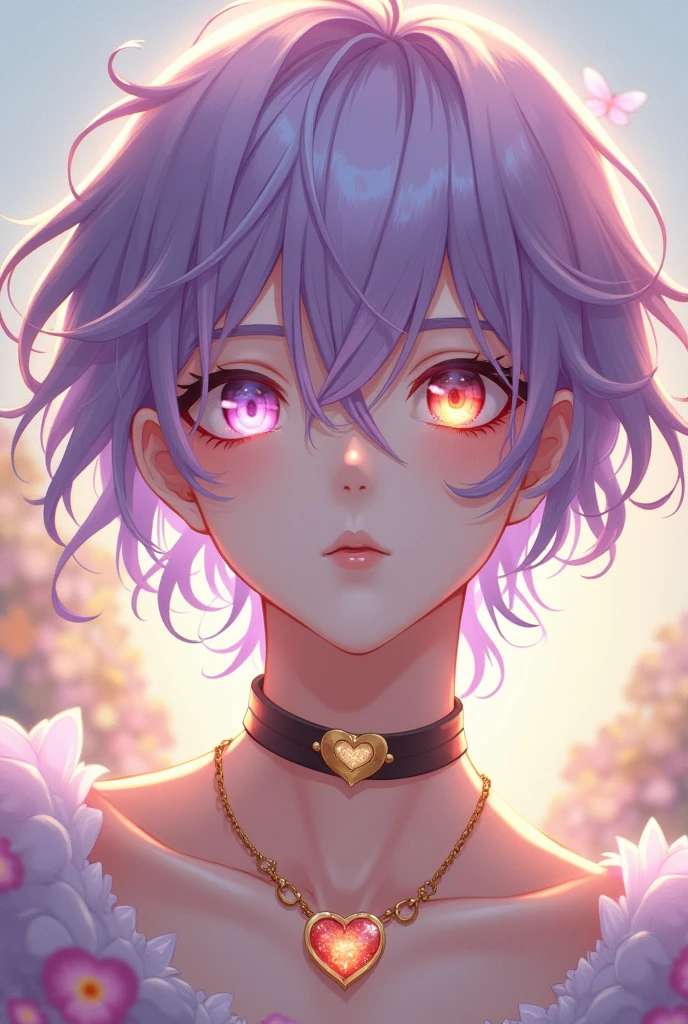 ((fully body)) ((best qualityer)) Delicate and feminine boy, her hair is purple and her skin is white and delicate, under your skin is a golden, shiny powder, their eyes are different colors each one has a different color, he is cheerful and loves butterflies and flowers, wears a heart necklace and choker, he is elegant and has noble origins, he also loves swords and eating sweets, is always taking both things, Even though he is so feminine and delicate, you can see that he is a man..