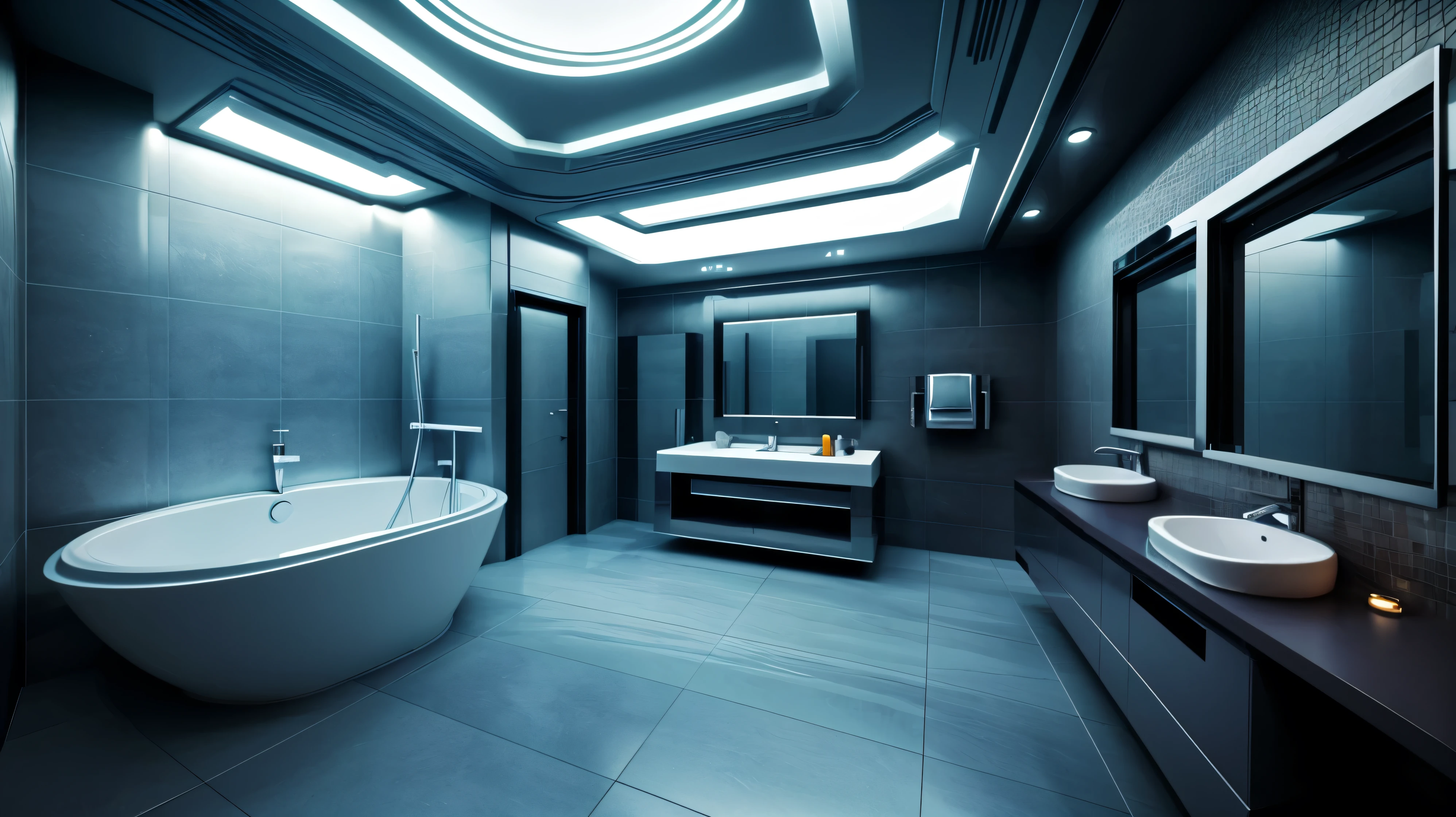 luxury bathroom, architectual, scifi, cyberpunk, futuristic, hightech, daylight, wide angle, realistic view, ambient light, chilled ambient, year 2124, cinematic
