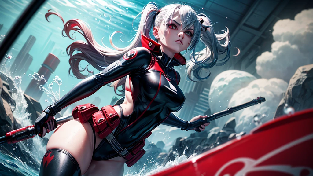tattoo girl, very beautiful, murderous, Harley Quinn
Equipment: Spear gun, bubbles around
Attire: black and red Streamlined wetsuit with utility belt
Emotional Look: Fierce, crazed look, , holding breath and aiming
Camera View: Underwater shot, capturing the fluid motion, depth of field view