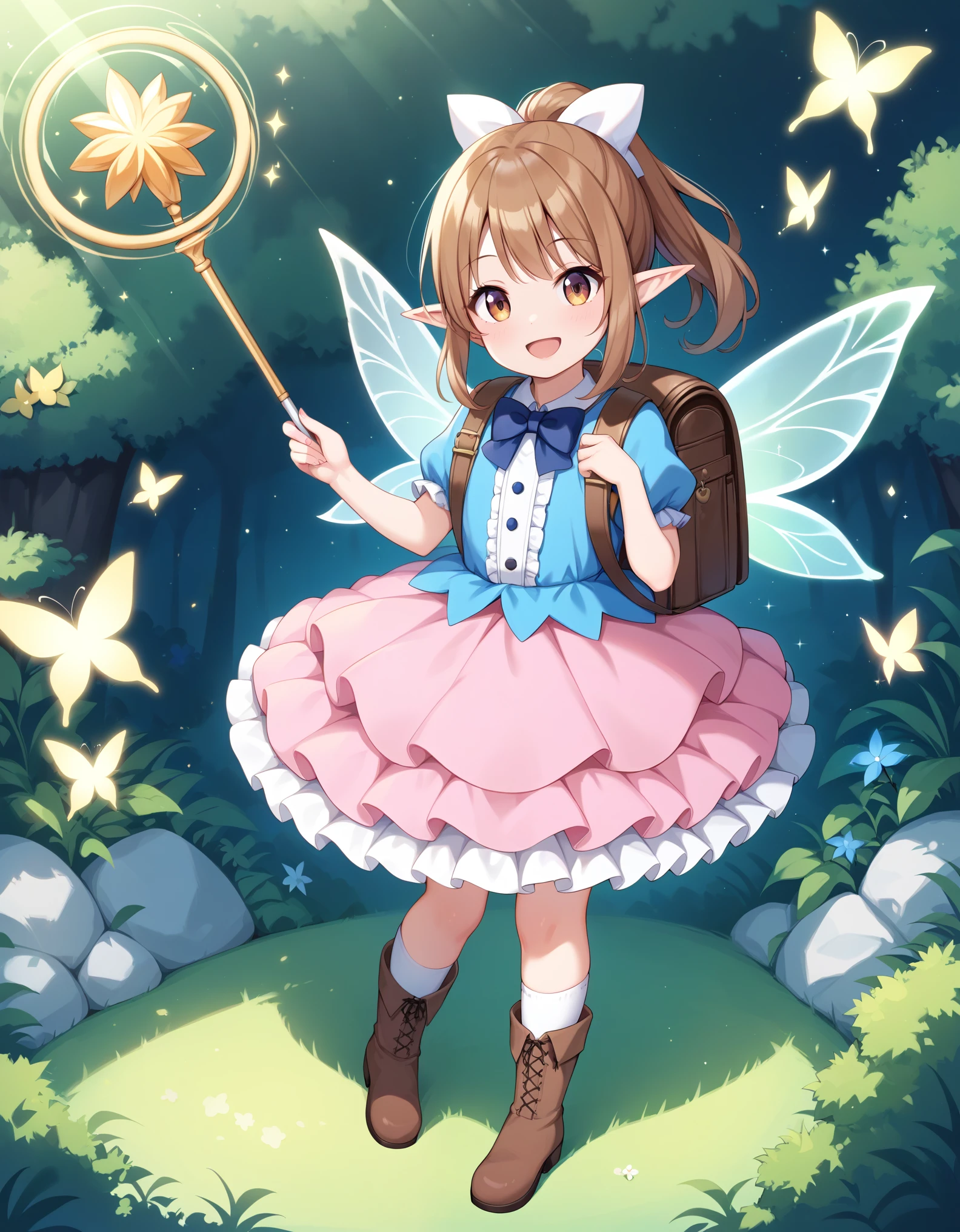 Masterpiece, hd, 1girl, cute girl, 8 years old, pointed ears, elf, brown hair, smile, ponytail, hair ribbon, wearing cute dress, frilled dress,party dress, costume, colorful dress, sparkling dress, bowtie, standing, outdoor, fairy land, happy, smile , wearing randoseru backpack, brown backpack, children playing, fullbody, fairy dress, fairy land, have wings, girl with wings, fullbody, wearing boots, white socks, holding wand, magic wand
