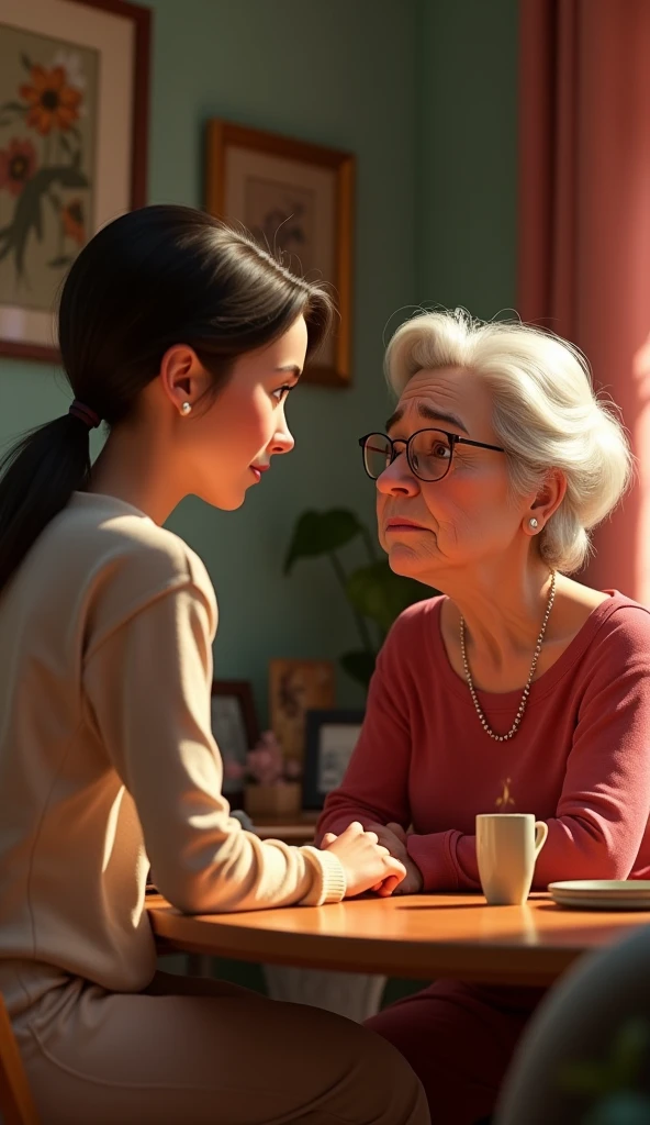 A georgous young woman talking to a sad mum at home, pixar style, cinematic, masterpiece, high-aesthetic, realistic