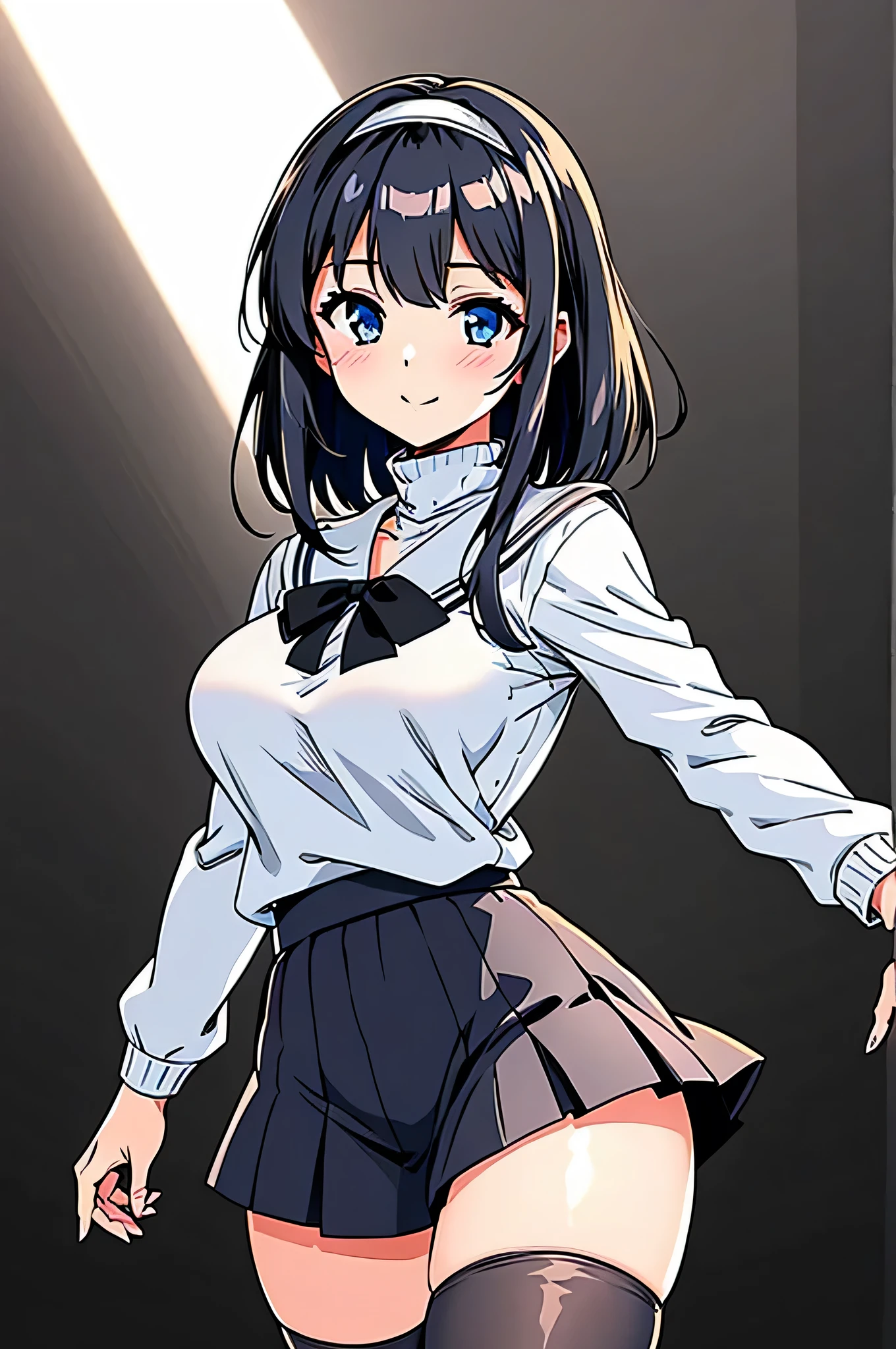 all intricate details, masterpiece, best quality, highres, 1girl, solo, jewelry, skirt, sweater, necklace, black skirt, black hair, short hair, ribbed sweater, socks, turtleneck sweater, turtleneck, white socks, blue eyes,  long sleeves, pleated skirt, ribbon, breasts, bow, hair ribbon, hairband, hair bow, bangs, firm breasts, medium breasts, sarashina ruka, cowboy shot, smile, random sexy angle.