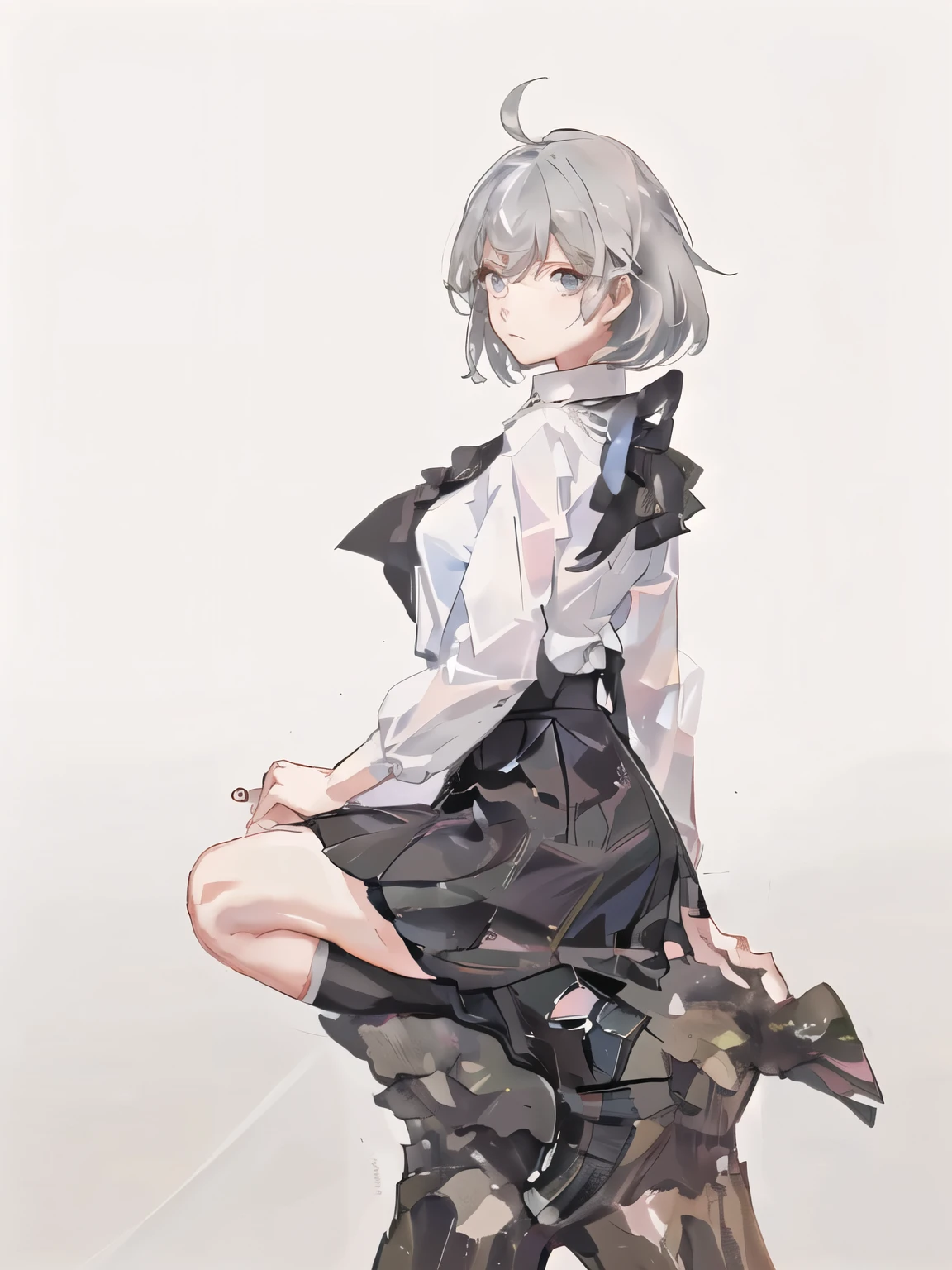 ((masterpiece, Highest quality)), (One girl), (alone), (Focus on women), (Ahoge, Gray Hair, short hair), Iris, ((White shirt), (Buttoned shirt)), ((Black Skirt), (Short skirt)), Are standing, White Background, Put your arms behind your back,