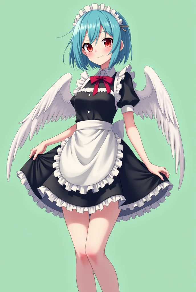 Maid cafe maid with short blue hair, Red eyes, a sensual and happy expression, age range between 18 and 26 years, with angel wings, black uniform without buttons, that the full body is shown, anime style completely in 2D, with pastel colors, with a completely flat and green background
