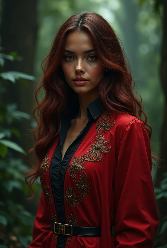 a girl from the waist up with dark skin with long wavy cherry-colored hair wearing a red outfit with black and gold details looking straight ahead with a dark enchanted forest background