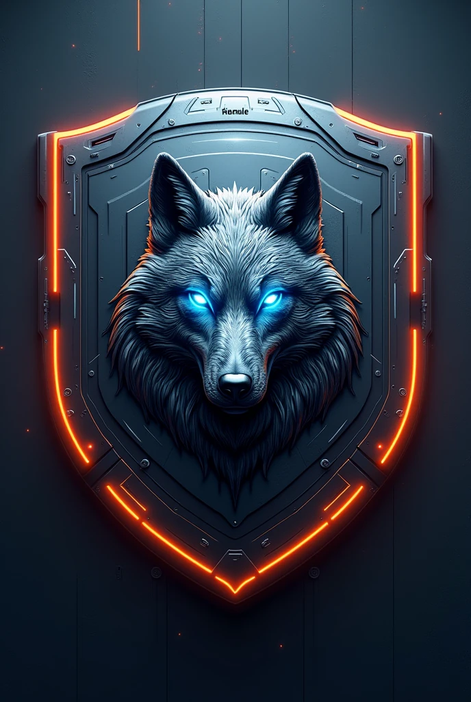 make a shield of a wolf with technology features. With space for name at the top and bottom of the shield