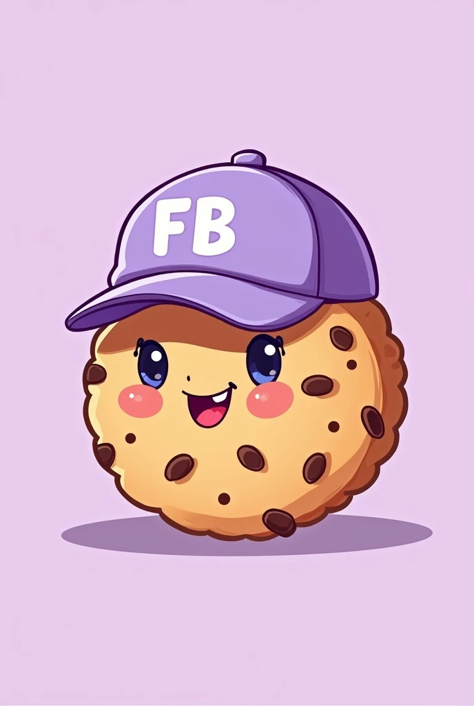 illustration type cookie that is happy, that has chocolate chips, that had a light purple cap and that says FB on the cap and that it is in capital letters and that the background is light purple 
