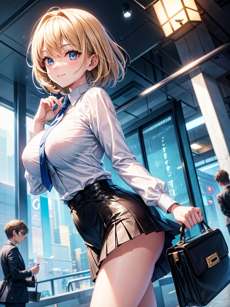 Anime style, super fine illustration, highly detailed, beautiful detailed, pale tone image, static representation, gentle expression, 8k, pretty 1girl with blonde straight short hair & blue eyes & a bright smile & full bust & nipples & soft fair skin is wearing big white business shart not to show her skin & black tight skirt & 1business bag, on the business building street, in the morning, brilliant particles of lights, romantic stories, solo, perfect 5fingers, perfect arms, perfect legs, masterpiece.