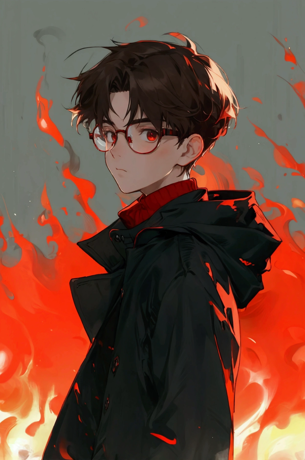 a boy with glasses, short brown hair, a black overcoat, a red sweater looking from top to bottom. In the background there are red flames.