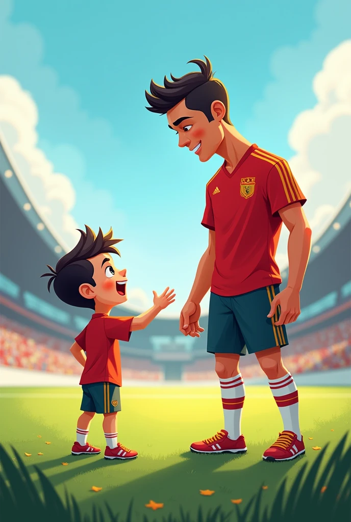 A footballer boy with his idol Ronaldo. Cartoon