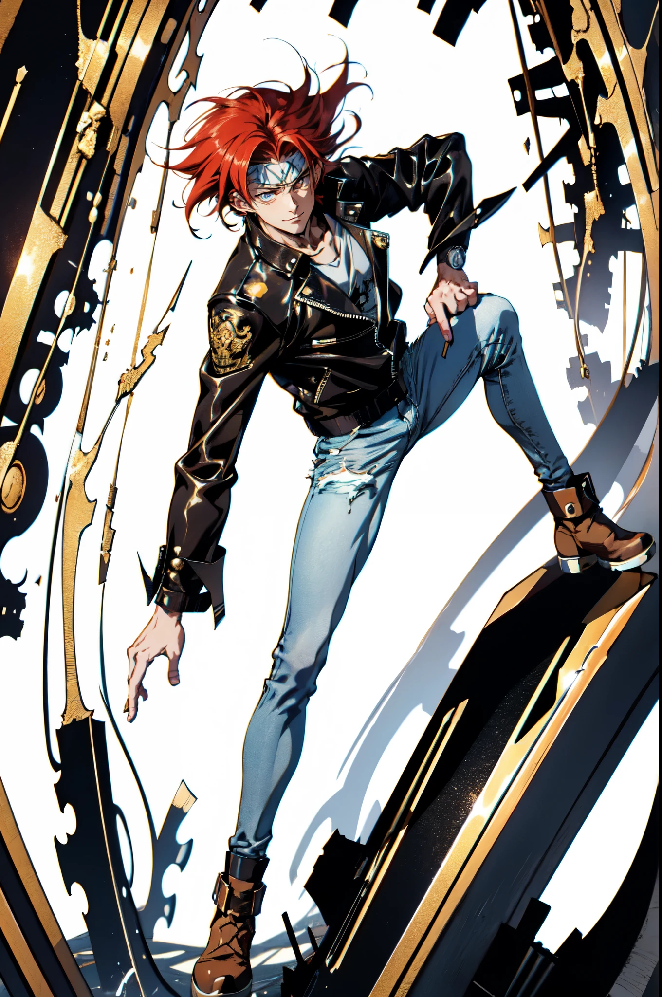 (masterpiece:1.2, best quality:1.2, extremely delicate:1.2), ((male:1.5)), a young man with messy red hair, a leather strap tied around his forehead, a handsome face, bright eyes, a rebellious smile, a slender build, a futuristic fantasy-style black and white leather jacket, dark jeans, hiking boots, he is making an exaggerated leap above the city, this character embodies a finely crafted futuristic fantasy-style rogue in anime style, exquisite and mature manga art style, dramatic, high definition, highres, ultra-detailed, ultra-fine painting, professional, perfect body proportions, golden ratio, anatomically correct, symmetrical face, extremely detailed eyes and face, high quality eyes, creativity, RAW photo, UHD, 32k, Natural light, cinematic lighting, (masterpiece-anatomy-perfect:1.2)