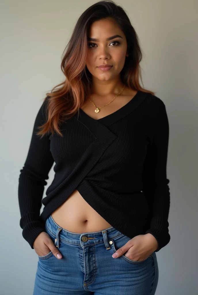 a girl that is 4'9 feet. She has dark brown hair but peach lines also. She is wearing jeans. She big. she is wearing a black knitted long sleeve shirt but the shirt is showing a little bit of only her belly button. Her hair is going straight down and not curly. It is a real life person and she is light brown skinned. and she is Mexican. And has makeup on.