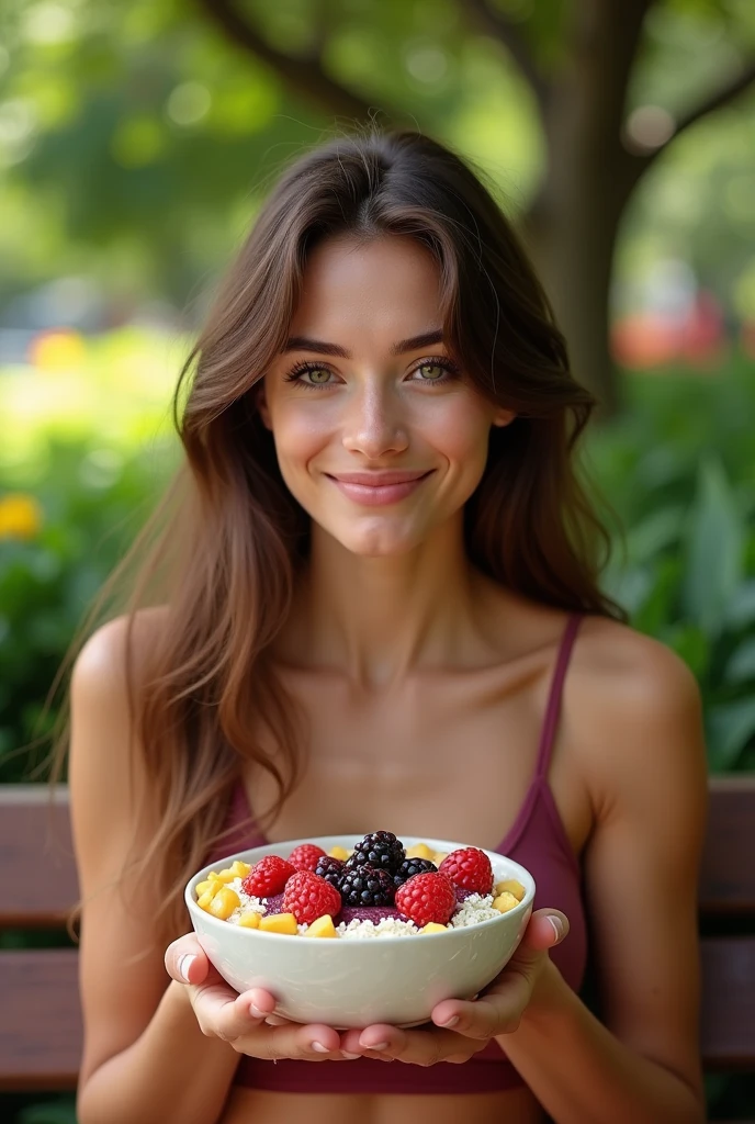 Realistic Brazilian woman aged 25 to 35, in park, salmonete, chestnut hair, brown eye eating acai in the park, ultra HD, high qualiy, best qualityer, high resolution, 8k, 16K