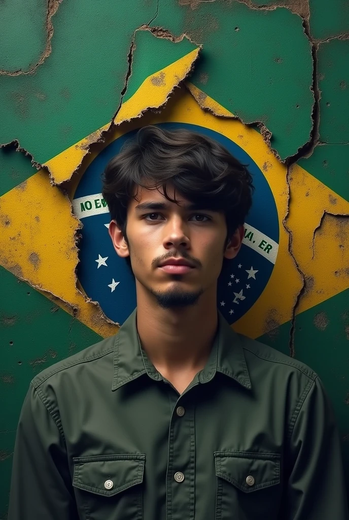 an image of a young man censored by the state and a torn Brazilian flag in the background