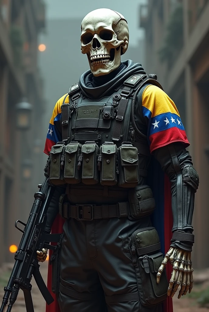 Skeleton wearing armed tactical military suit, military hat, with the flag of venezuela