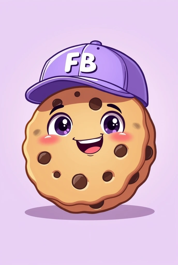 illustration type cookie that is happy, that has chocolate chips, that had a light purple cap and that says FB on the cap and that it is in capital letters and that the background is light purple