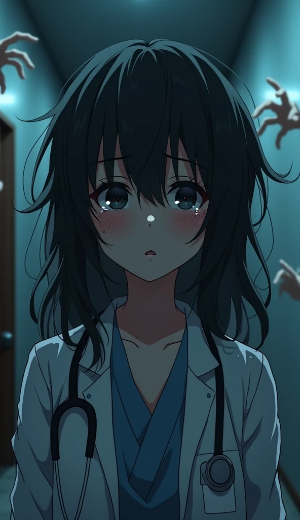 "Create a close-up anime-style image of a 24-year-old girl in a dimly lit hospital corridor. The scene captures her from the shoulders up, emphasizing her emotional state. She appears deeply distressed, with tears streaming down her cheeks and "faint traces of blood on her face", giving a sense of recent trauma. Her long hair, tangled and disheveled, falls around her shoulders, contrasting sharply with her otherwise pristine doctor’s outfit, which now appears slightly rumpled as if she’s been through a struggle.Her eyes are a deep, unsettling black, reflecting a profound sense of loss and internal conflict. The corridor around her is dimly lit with cold, bluish lighting that casts eerie shadows, heightening the sense of isolation and fear. Ghostly hands, pale and semi-transparent, emerge from the darkness in the background, reaching out towards her. They touch her face with a cold, unsettling touch, their fingers splayed in a way that amplifies her discomfort and terror. The overall red theme of the scene intensifies the emotional and physical anguish, as the hands seem to encroach upon her personal space, symbolizing the haunting aftermath of a violent event and the overwhelming nature of her trauma."