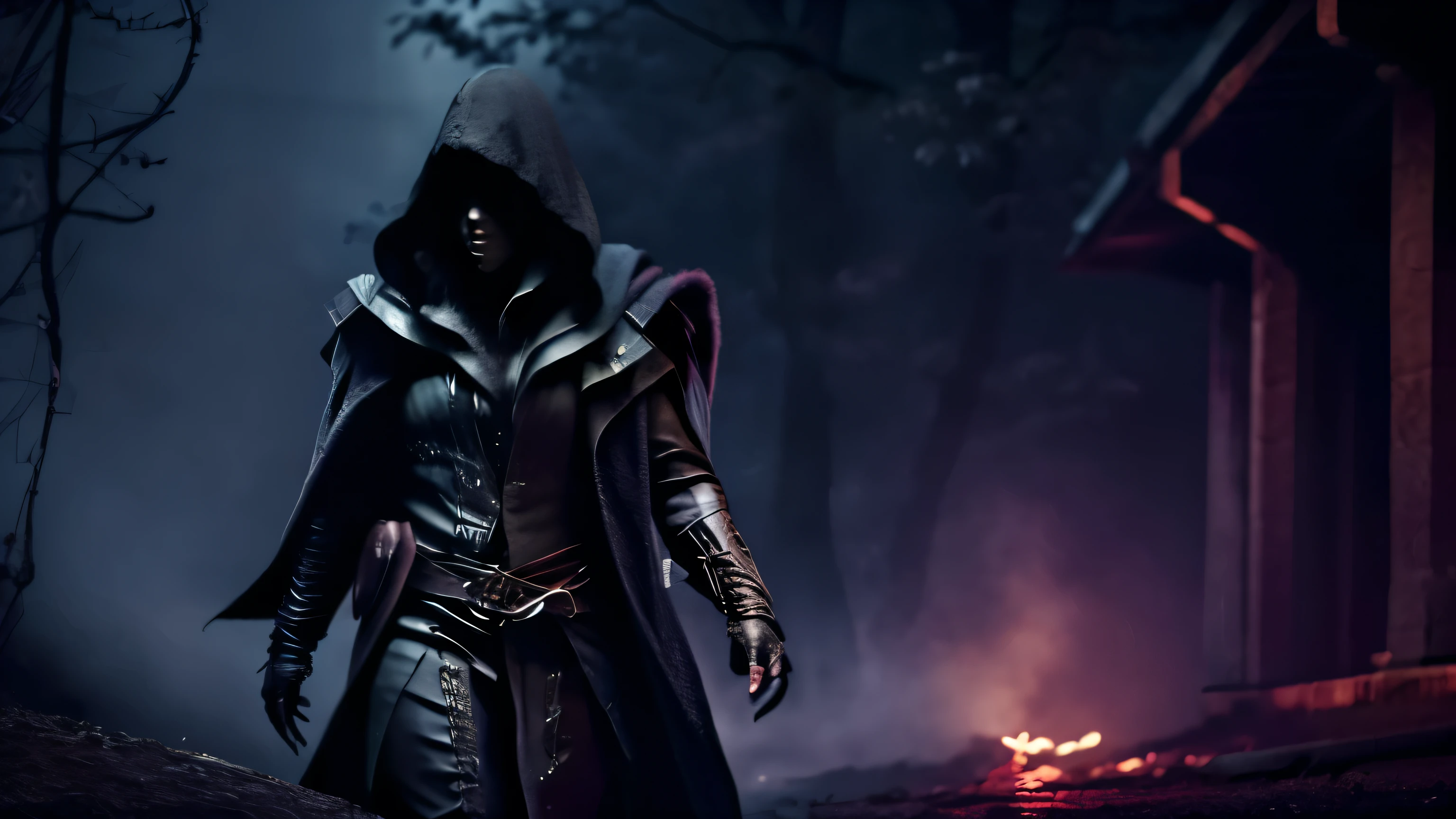 Create a very dark image in a nighttime setting, transforming the person into a Night Stalker. The character should wear a hood similar to the hero from the Arrow series or a character from Assassin's Creed, with their eyes clearly visible and glowing slightly. The overall tone should be mysterious and shadowy, fitting for a character called 'The Twilight Stalker'.