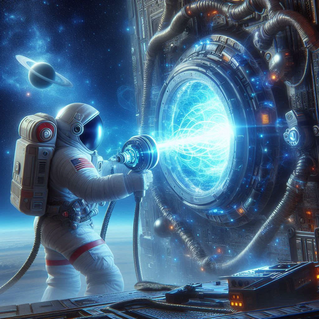 astronaut in spacesuit with a laser in his hand, Space portal, sci-fi digital art illustration, doors that are cosmic portals, science fiction illustrations, science fiction illustrations, portal in space, science fiction illustration, science fiction illustration, science fiction illustration, sci-fi digital art, science fiction art, sci-fi digital art