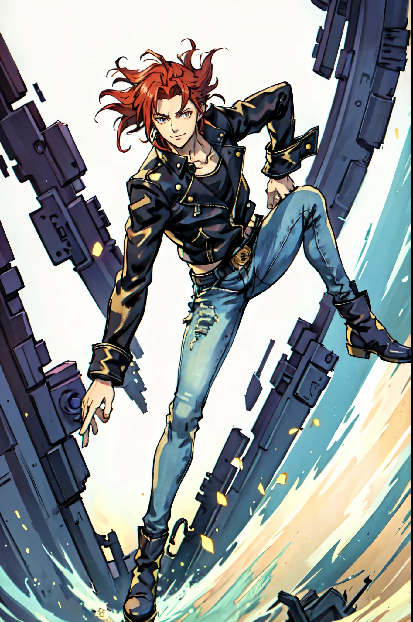 (masterpiece:1.2, best quality:1.2, extremely delicate:1.2), ((male:1.5)), a young man with messy red hair, a leather strap tied around his forehead, a handsome face, bright eyes, a rebellious smile, a slender build, a futuristic fantasy-style black and white leather jacket, dark jeans, hiking boots, he is making an exaggerated leap above the city, this character embodies a finely crafted futuristic fantasy-style rogue in anime style, exquisite and mature manga art style, dramatic, high definition, highres, ultra-detailed, ultra-fine painting, professional, perfect body proportions, golden ratio, anatomically correct, symmetrical face, extremely detailed eyes and face, high quality eyes, creativity, RAW photo, UHD, 32k, Natural light, cinematic lighting, (masterpiece-anatomy-perfect:1.2)