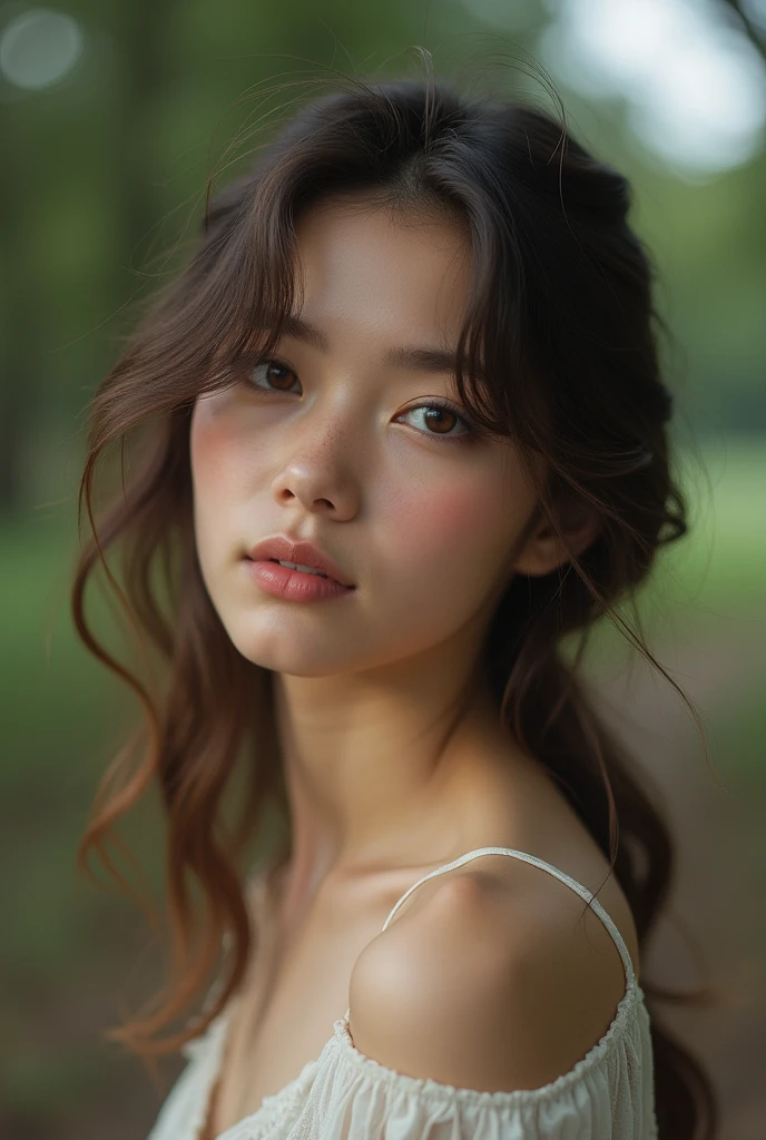 young brunette girl, brown eyes, 19 years old, photo from afar