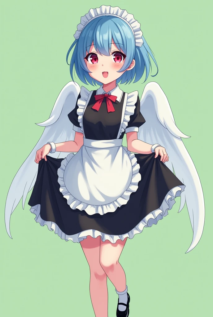 Maid cafe maid with short blue hair, Red eyes, a sensual and happy expression, age range between 18 and 26 years, with angel wings, black uniform without buttons, that the full body is shown, anime style completely in 2D, with pastel colors, with a completely flat and green background